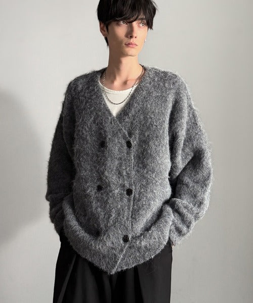 【Classical Origin】「アートな1着。」ミックスシャギー素材ダブルテーラードニットカーディガン／Mixed Shaggy Double-Tailored Knit Cardigan co0780011