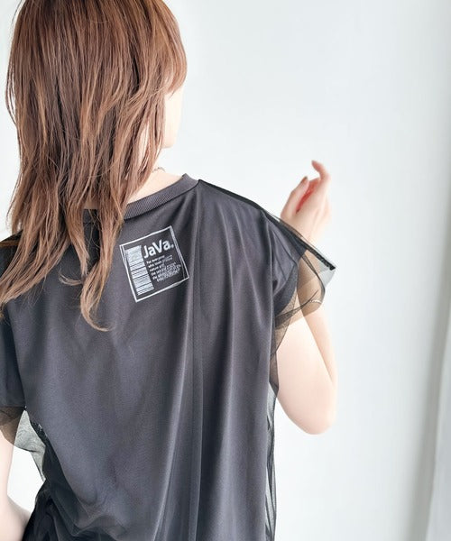 《JaVa ジャバコラボ》１枚で即こなれ感。バックプリントチュールレイヤードフレンチTシャツ jv1010316