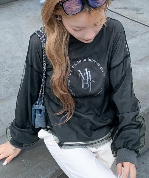 【mily bilet】デイリーからお出かけまであらゆるシーンに大活躍！箔プリントチュール重ねロングTシャツ mi1019058