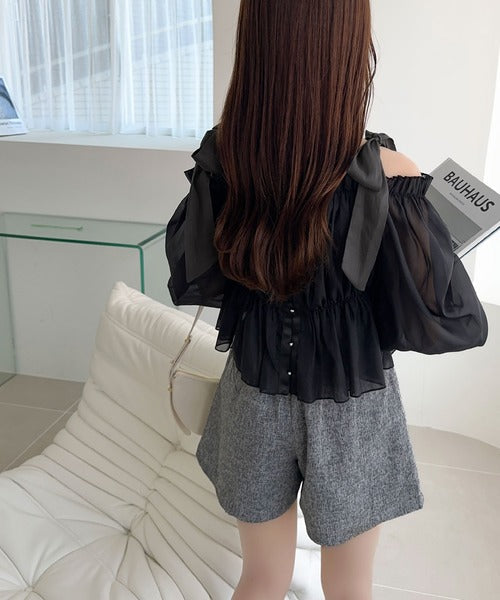 【mily bilet】大人愛され甘め主役級トップス。肩リボンオフショル２WAYオーガンジーブラウス(長袖) mi1359008