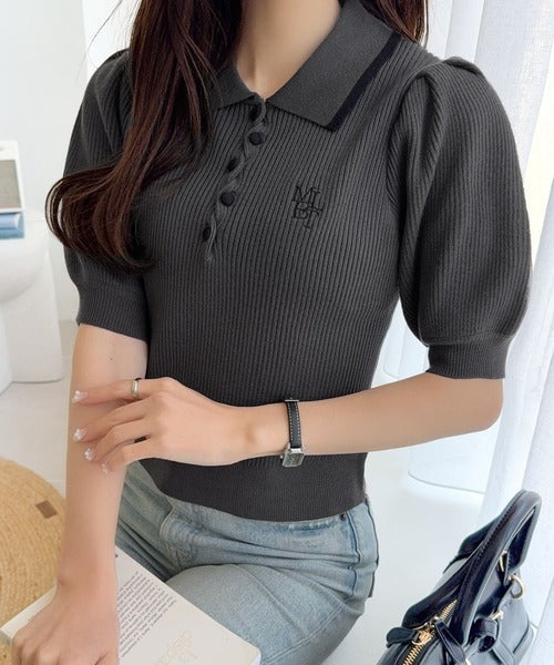 【mily bilet】配色×くすみカラーで魅せる、ずるい清楚さ。配色ラインポロニット (半袖) mi1359044