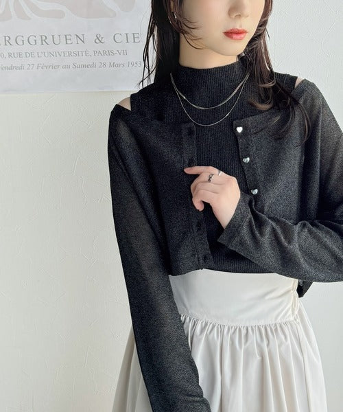 【mily bilet】上品さと可愛らしさを兼ね備えた、オフショル２WAYラメシアーニットアンサンブル（カーディガンセット） mi1029105