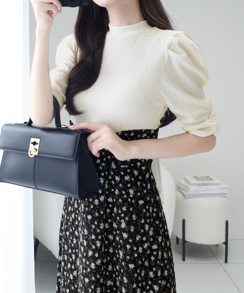 【mily bilet】一枚で主役級フェミニンスタイル。後ろシアーリボン花柄ドッキング袖ギャザーワンピース（ロング丈） mi1139073