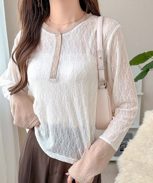 【mily bilet】シンプルさの中にフェミニンさをプラスしたデザイン。袖配色レースヘンリーカットソー（長袖） mi1019107