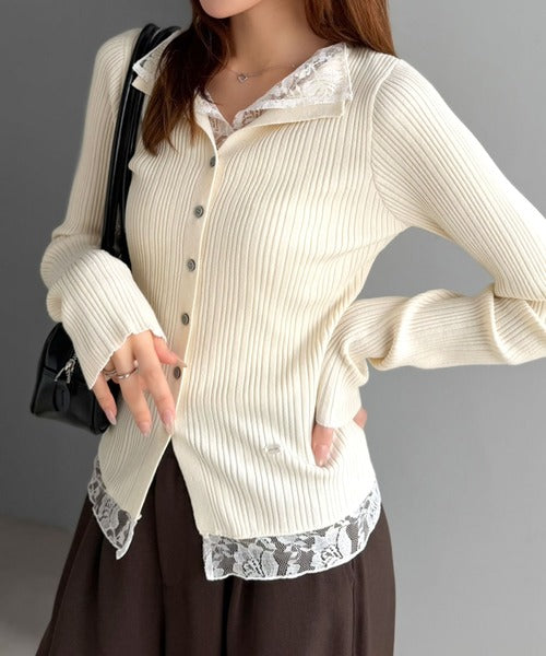 【mily bilet】顔周り、可愛く盛れちゃう！レースドッキング ランダムリブニット トップス(長袖） mi1359074
