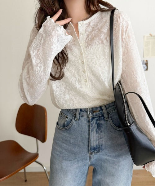 コーデに花を咲かせる♪花柄シアージャガードヘンリーネックフリル使いトップス（長袖） ce1010687