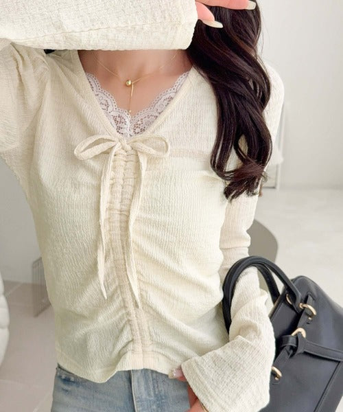 【mily bilet】レース×シャーリングで、甘さをひとさじ。レースドッキングパフスリーブジャガードトップス（長袖） mi1359080