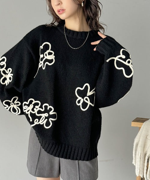 【mily bilet】秋冬のあったかニット。ウールライクフラワーコード刺繍ニットプルオーバーニット mi1149064
