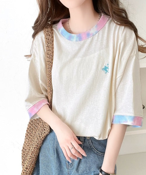 レトロでポップな大人リンガーT。胸刺繍タイダイリンガー半袖T ce1050158