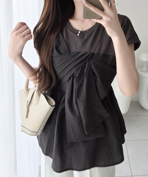 【mily bilet】忙しい朝も悩まない、初夏の一軍トップス。リボンビスチェドッキングTシャツ (半袖) mi1019145