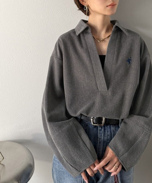 【Classical Evon】優しい温もり、上品見え。圧縮ニット襟付きキーネックプルオーバー ev1110143