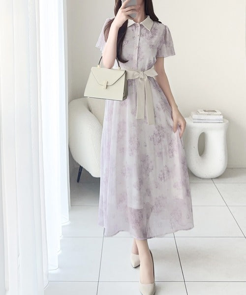【mily bilet】夏を涼む相棒ワンピ♪水彩フラワーが上品。シアーフローラル バックリボンワンピース (長袖) (ロング) mi1139101