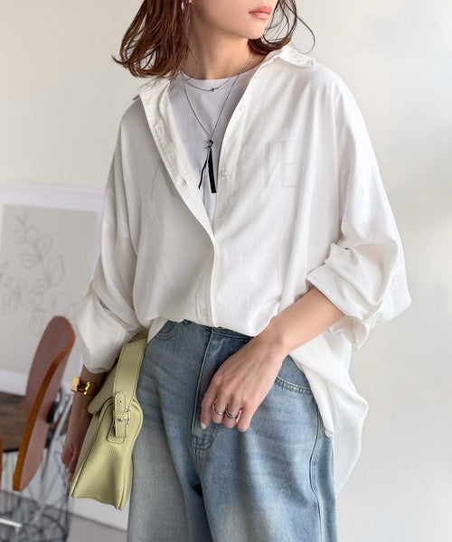 【機能性素材】軽やかにデイリーに使える。レーヨン麻混オーバーサイズロールアップシャツ（長袖） ce1010542