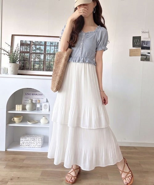 【mily bilet】1枚2役♪レイヤード風の着こなしが完成。2Wayパフスリーブブラウス×プリーツスカートドッキングワンピース (ロング丈) mi1139109