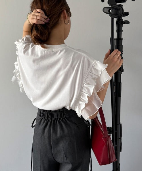 【mily bilet】可愛さふわり2倍増し！ ダブルフリル袖カレッジライクロゴゆるTシャツ mi1329036
