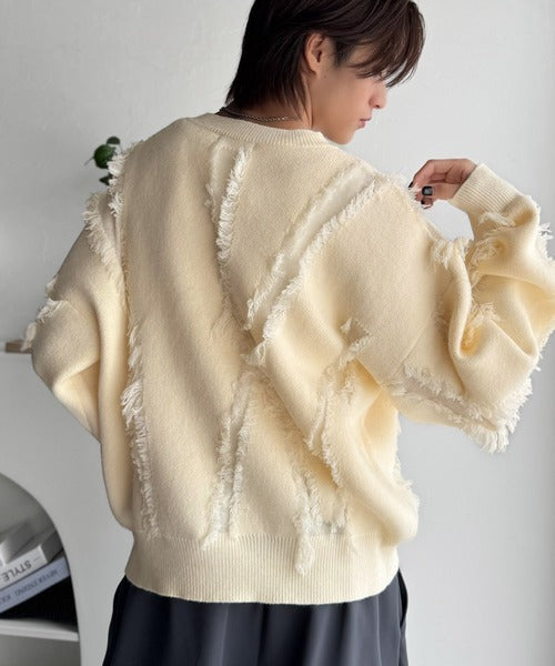 【classical origin】「着るだけで、印象派」。フリンジデザイン配色オーバーサイズニット（長袖）/Fringe design oversized long sleeve knit ao1260444