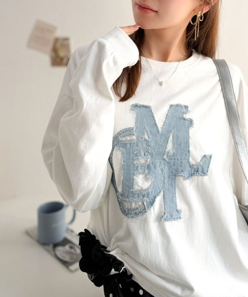 【mily bilet】"秋もこの子と一緒♪"ヴィンテージライクな存在感。ドットデニムフリンジワッペン使いロンT(長袖) mi1329133
