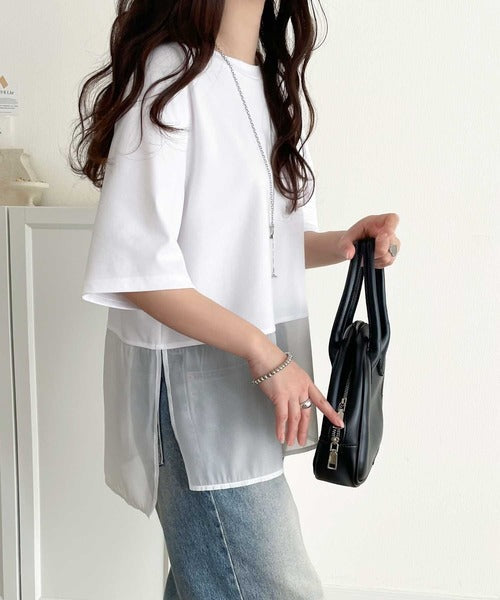 春夏に涼しさ引き立てる透け感が◎裾シアー切り替えライトダンボール半袖Tシャツ ce1110116