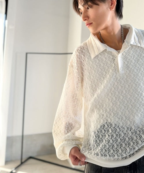 「透け感、モードの余韻。」衿ダブルライン使いレース柄ニットポロシャツ／Double-Line Collar Lace Pattern Knit Polo Shirt co1010049