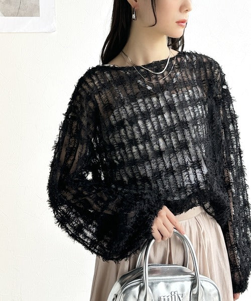 【mily bilet】上質なフェザー素材が生み出す。ふんわり感が魅力の前後2WAYシアーフリンジチュールカーディガン（長袖） mi1019070