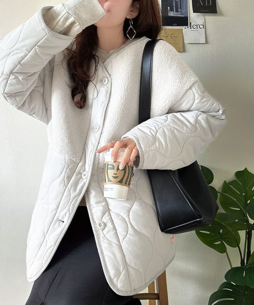 《JaVaジャバコラボ》軽くて暖かい、旬顔ボア切替♪ノーカラーひょうたんキルティングコート jv1240103