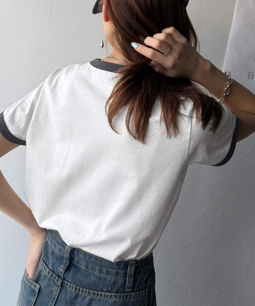 【sustaina+】デイリースタイルをアップデート。オーガニックコットン混 綿100％胸刺繍リンガーTシャツ ce1260400