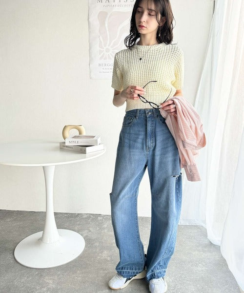 立体編みで叶う上品なリラックス感。半袖ワッフルコンパクトニット ce1020222