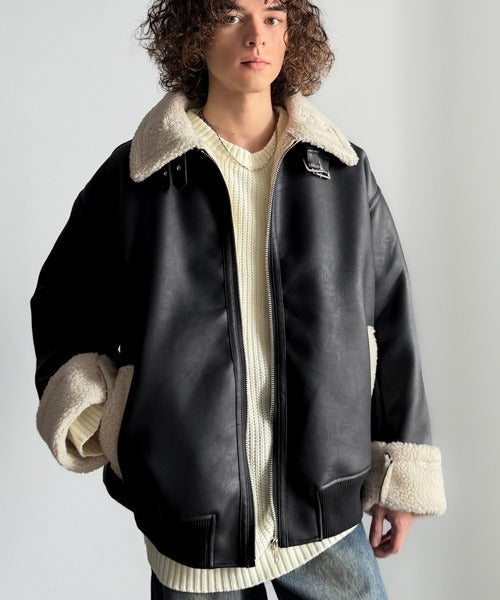 【Classical Origin】「ずっしりかっこいい。」2way襟ボア切り替えフェイクレザージャケット／2way Boa Collar Faux Leather Jacket co1150081