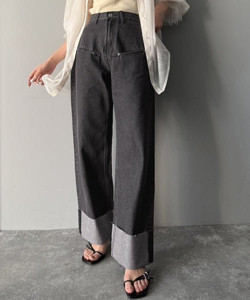 《JaVa ジャバコラボ》新感覚な大人デニム。ロールアップフロントポケットワイドデニムパンツ jv0909005