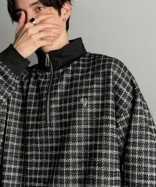 【Classical Origin】「上品カジュアル」。裾ドロスト付きツイード素材ハーフジッププルオーバー（長袖）/Tweed Fabric Drawcord Half-Zip Pullover co1010032