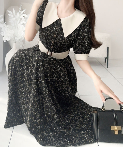 【mily bilet】トレンドのレトロガーリー♪小花柄ベルト付きビッグカラーワンピース(ロング丈) mi1139044