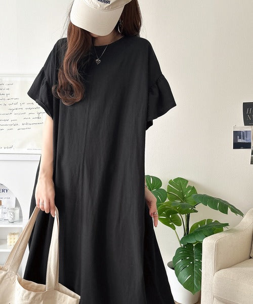 《JaVaジャバコラボ》ゆるく、さらり、きれい。綿100％ 袖フリルオーバーサイズワンピース（半袖） jv1260534