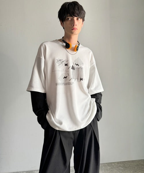 【Classical Origin】幾何学柄ポンチ素材レイヤードTシャツ(長袖)／Geometric Pattern Ponte Layered T-Shirt co1150050