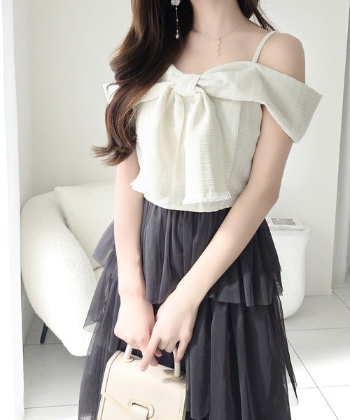 【mily bilet】一枚に大人可愛いを凝縮。リボンデザイントップス×チュールスカートドッキングキャミワンピース (ロング丈) mi1139113