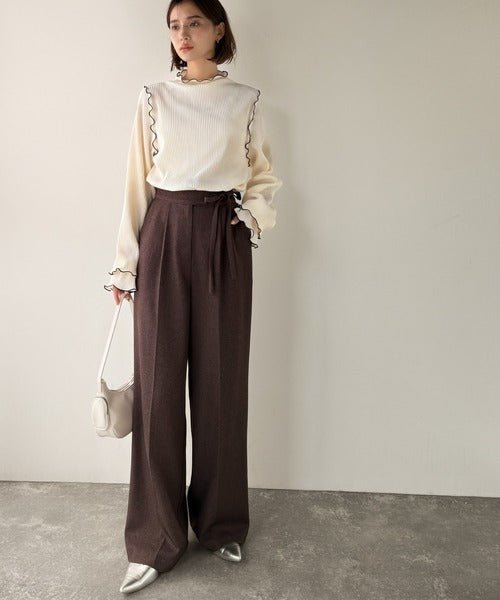 袖のニュアンスで魅せる♪前後2way袖フリル配色メロウプリーツトップス（長袖） ce1330050