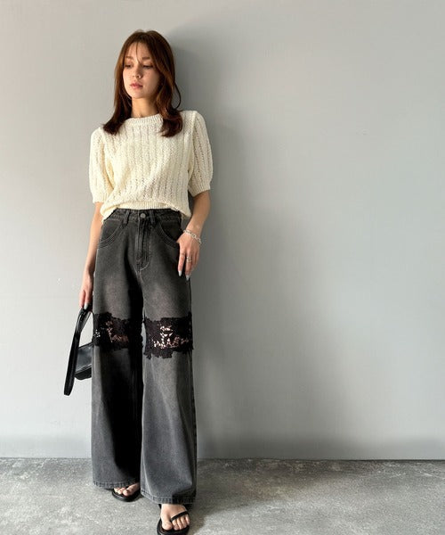 【mily bilet】特別な個性を持つオンリーワンの仕上がり！花柄レースワイドデニムパンツ mi1139076