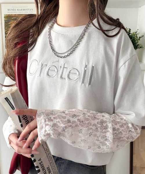 レースでカジュアルの中に女性らしさをプラス!レイヤード風レース袖ドッキングTシャツ（レース柄アソート） ce1010561