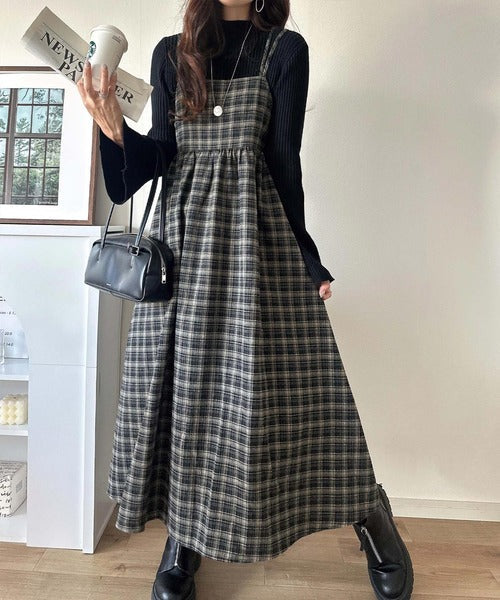 微起毛素材で秋冬にぴったり♪チェック柄ダブルストラップバックリボンキャミワンピ（ロング丈） ce1010526