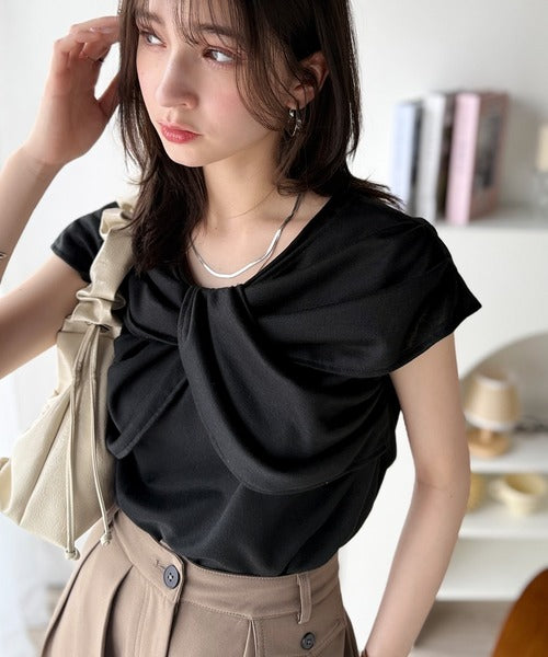 ”きれいめラフ”にこれ一択♪胸元ツイストリボンデザインTシャツ（半袖） ce1110121
