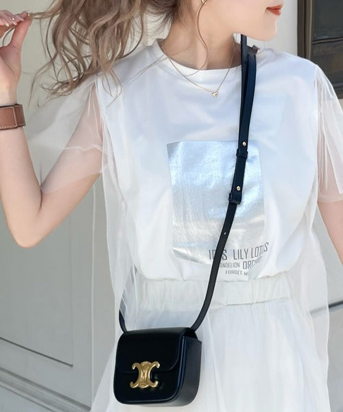 【mily bilet】1枚で上級お洒落style。チュール重ね着風シルバー箔プリントTシャツ mi1149050