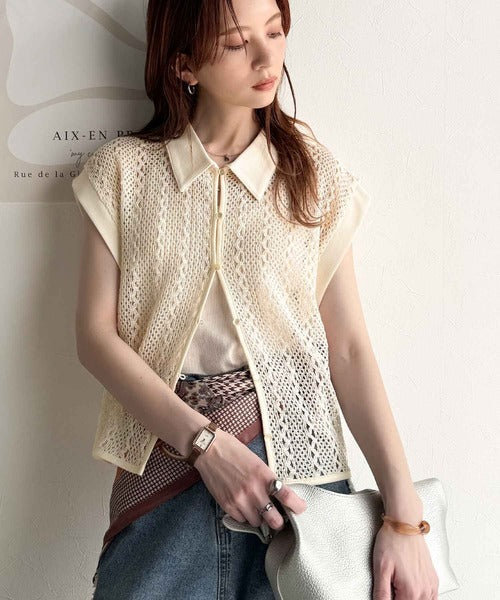 品の良さ漂う、大人カジュアル。クロシェ風レース素材衿付きフレンチスリーブシャツブラウス ce1010439