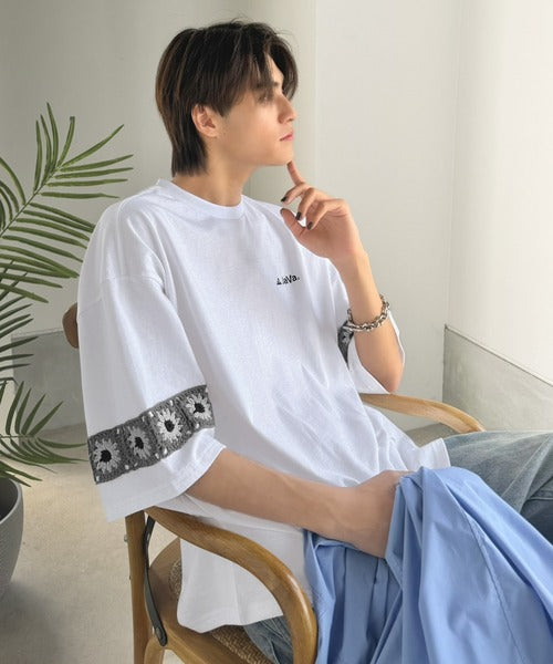 《JaVaジャバコラボ》袖先に遊びと清涼感を。袖クロシェ編み 配色切り替えデザインTシャツ jo1150094