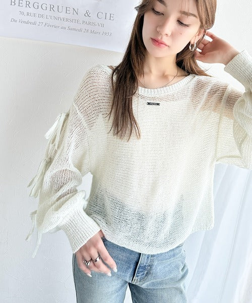 【mily bilet】大人のきらめき。プレートデザイン透かし編み袖リボンラメニット(ワンオフショル2way) mi1259009