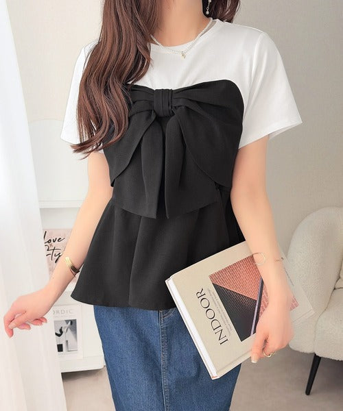 【mily bilet】一枚でサマになる。 フロントリボン布帛コンビ半袖Tシャツ mi1269018