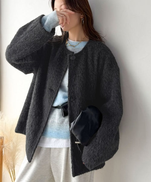 【Classical Evon】品格レディ。頑張らないのに、ちゃんと素敵。シャギー素材ノーカラーシングルコート（ミドル丈） ev1240133