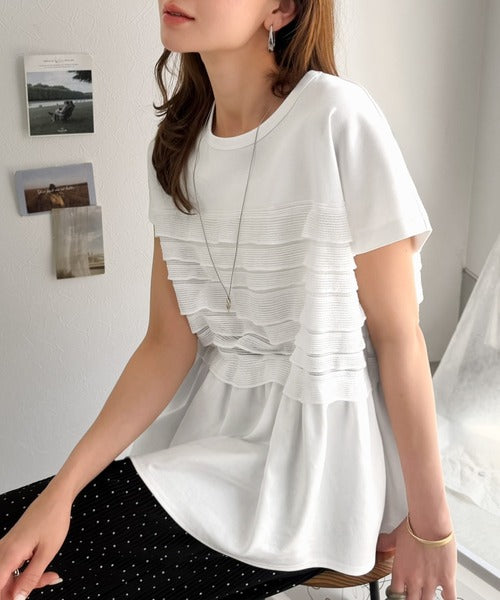 甘さを仕込む、大人の余裕。綿100％シルケット加工×シアーフリル切替オーバーサイズペプラムTシャツ（半袖） ce1410008