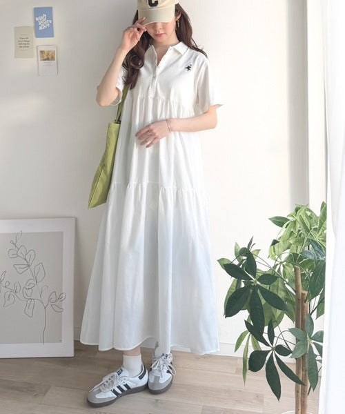 異素材ミックスが目を惹く。胸刺繍ポロ衿布帛切り替えカットティアードワンピース（半袖） ce1020350