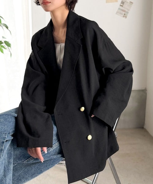 【UVカット、防シワ、接触冷感、吸水速乾機能付き】さらり羽織れるライトさで、楽なのに上品見え。ビックシルエット金ボタンダブルジャケット ce1265041