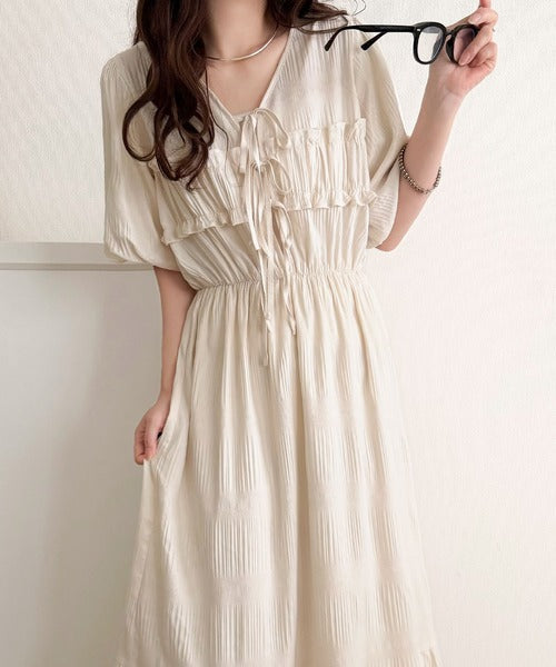 【mily bilet】1枚で華やぐ♪揺れ感シアーフリルリボンプリーツロングワンピース mi1019134