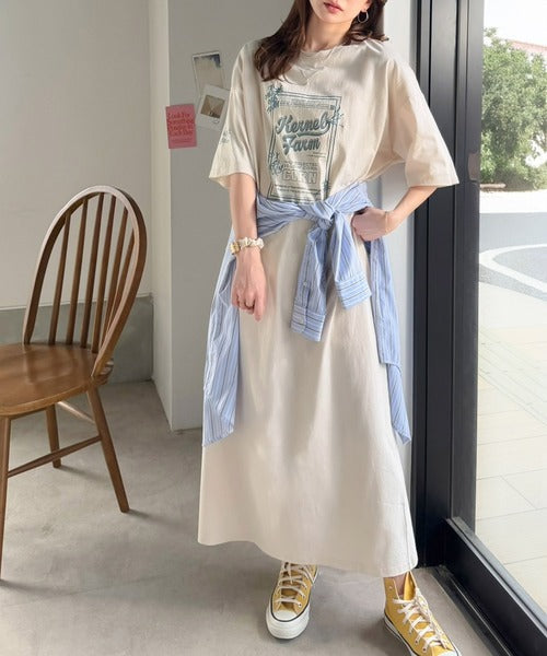 《JaVa ジャバコラボ》ゆるっと１枚コーデの主役♪綿100%ヴィンテージプリント半袖刺繍ワンピース jv1260623
